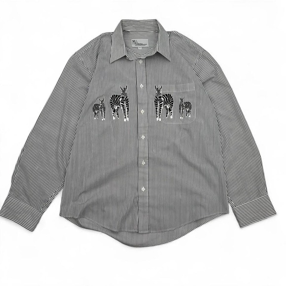 MiLi Designs Zebra Embroidered Striped Button Down Shirt Size M Relaxed Fit - Picture 7 of 7